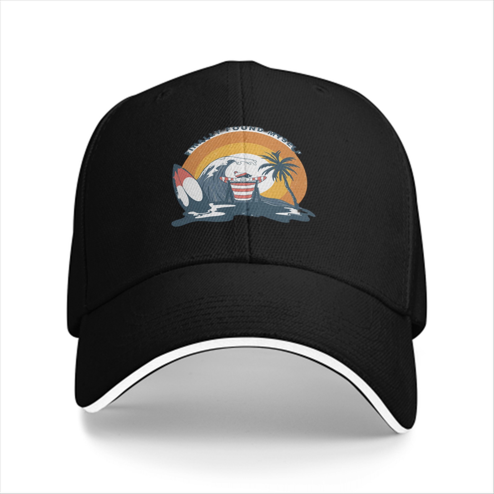 Black baseball cap with retro tropical surf wave graphic