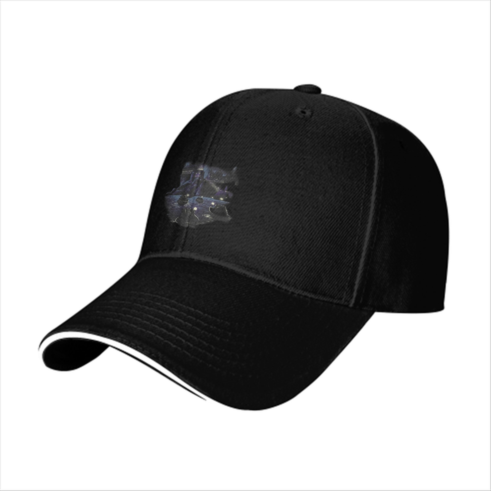 Black Baseball Cap With Dark Spacecraft Graphic Print