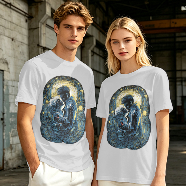 Olive T-Shirt With Starry Night Style Embracing Couple Art