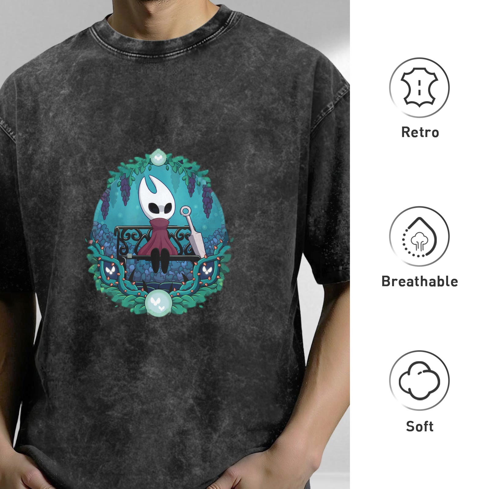 Hollow Knight Themed Dark Wash Graphic T-Shirt