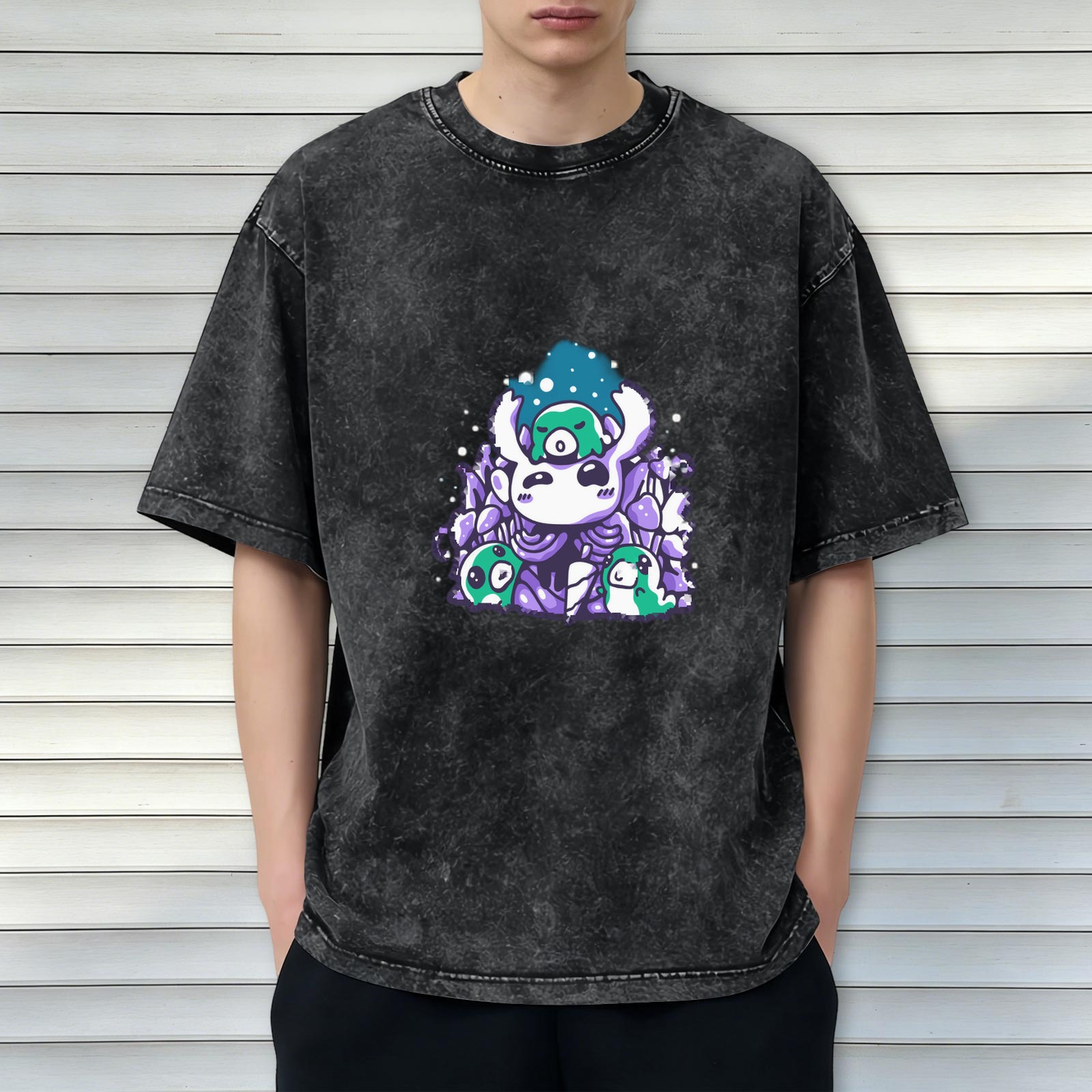 Oversized dark acid wash t-shirt with cute cartoon ghost and slime graphic