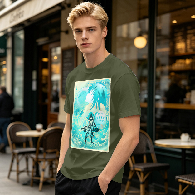 Anime character water design graphic dark green t-shirt
