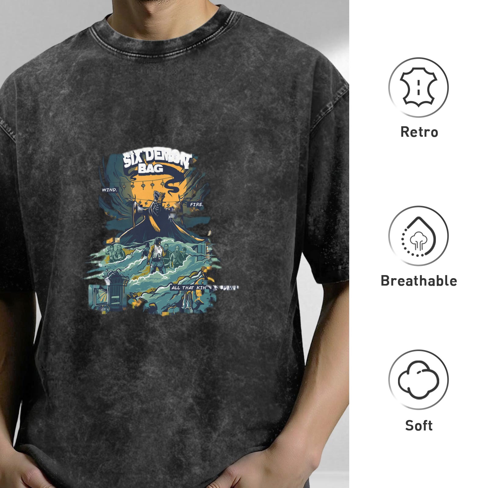Distressed washed black loose short-sleeved T-shirt with 'SIX DEMON BAG' themed illustration printed on the front
