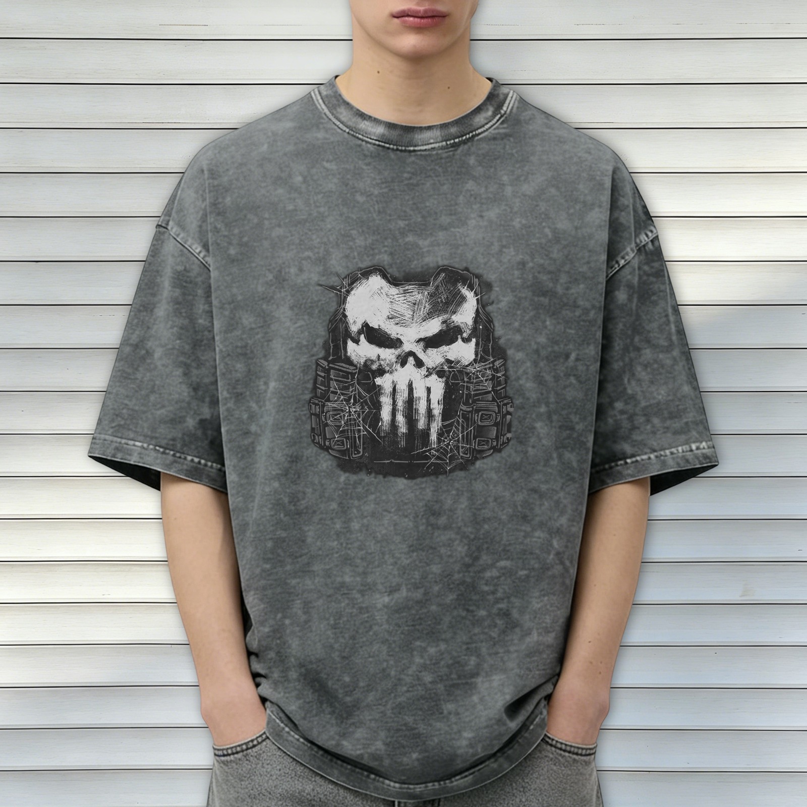 Washed Black T-Shirt With Tactical Skull Graphic Print