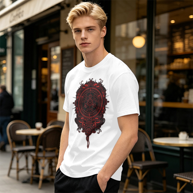 Olive T-Shirt With Red Occult Magic Circle Graphic