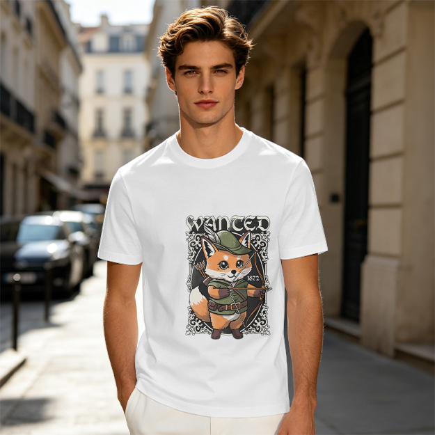 Olive green t-shirt with cute fox archer 'WANTED' graphic