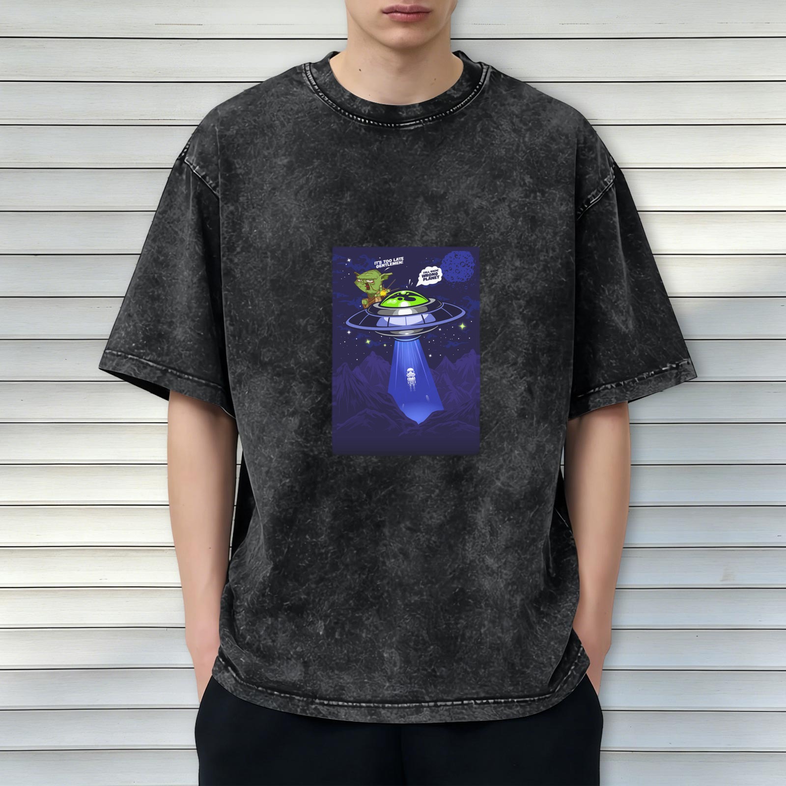 Oversized acid wash t-shirt with alien UFO abduction graphic