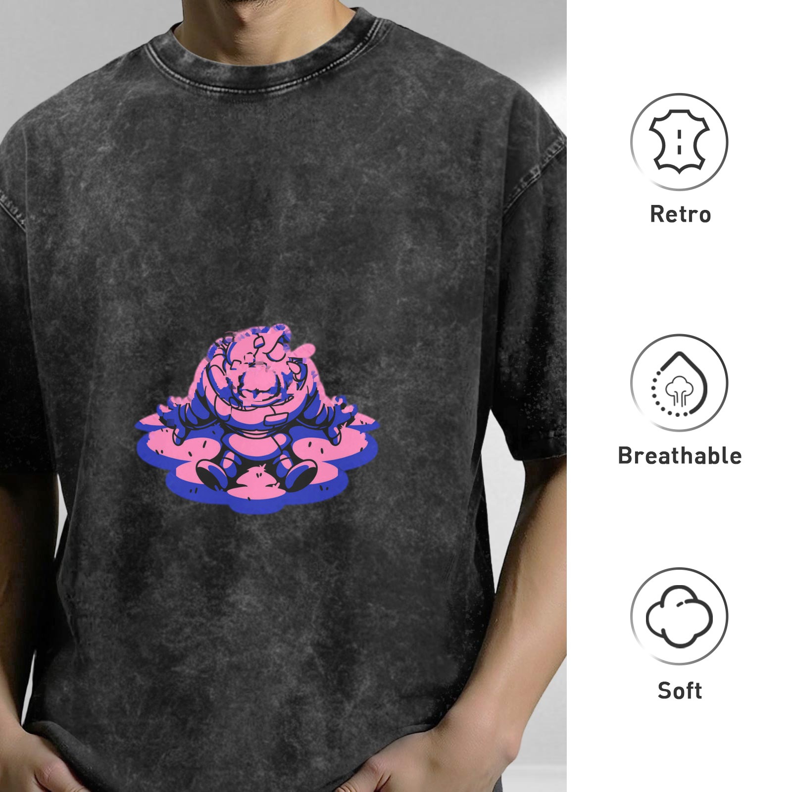 Oversized Acid Wash T-Shirt With Meditating Cartoon Character Print