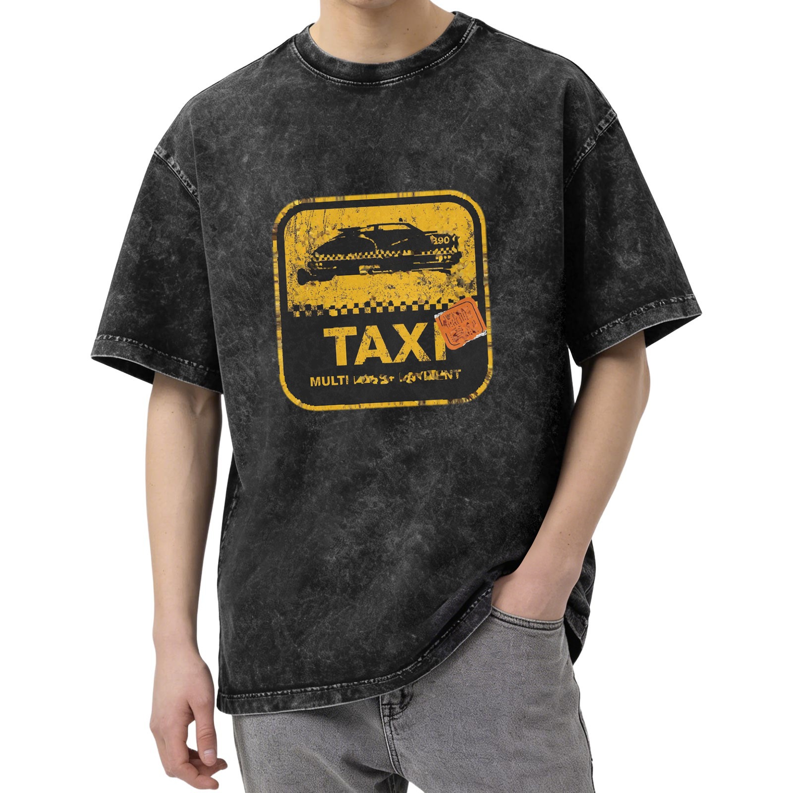Distressed washed black Taxi theme printed short-sleeved T-shirt loose style