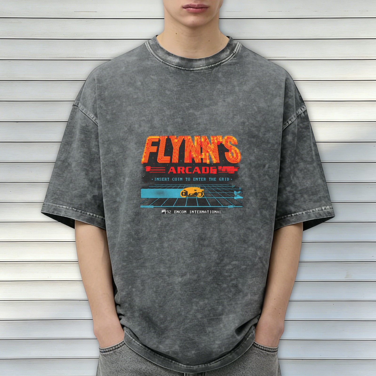 Flynn's Arcade retro distressed washed black short-sleeved T-shirt TRON themed game printed top