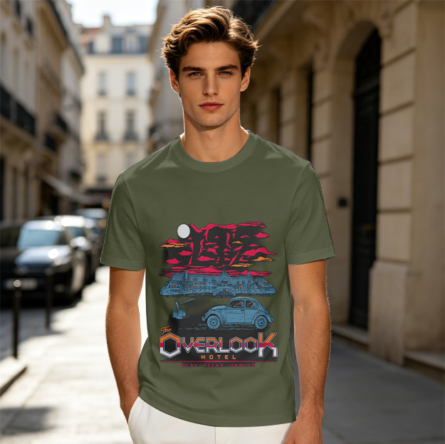 Olive Graphic T-Shirt Featuring Overlook Hotel and Vintage Car Art
