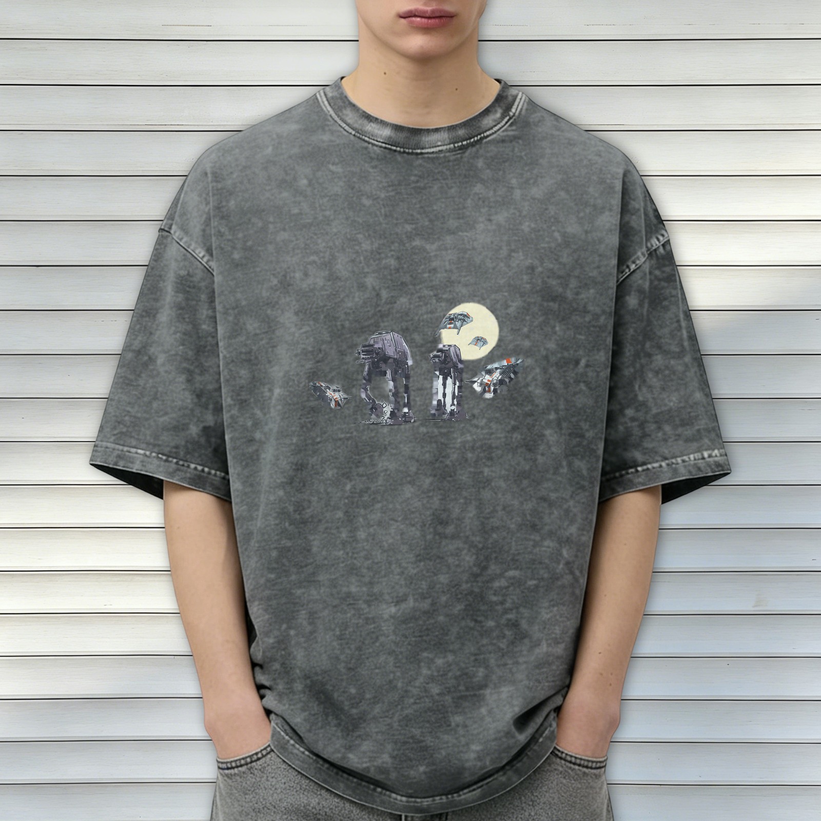 Washed black graphic t-shirt with Star Wars AT-AT and space ships design