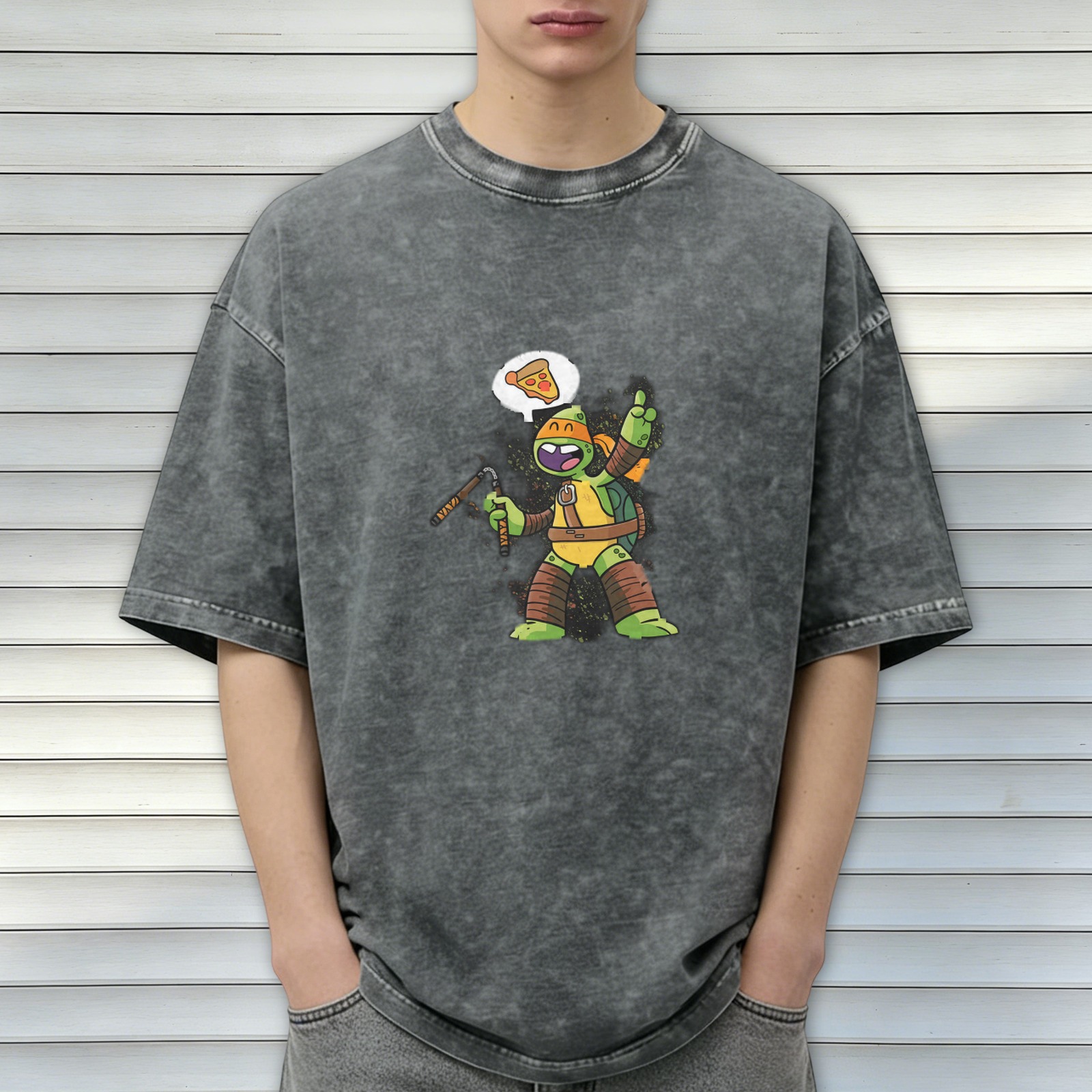 Washed Black T-Shirt With Michelangelo Ninja Turtle Pizza Print
