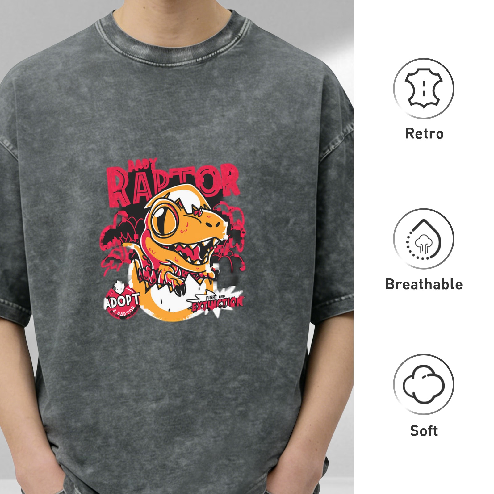 Baby Raptor Graphic Print Oversized Stone Wash T-Shirt