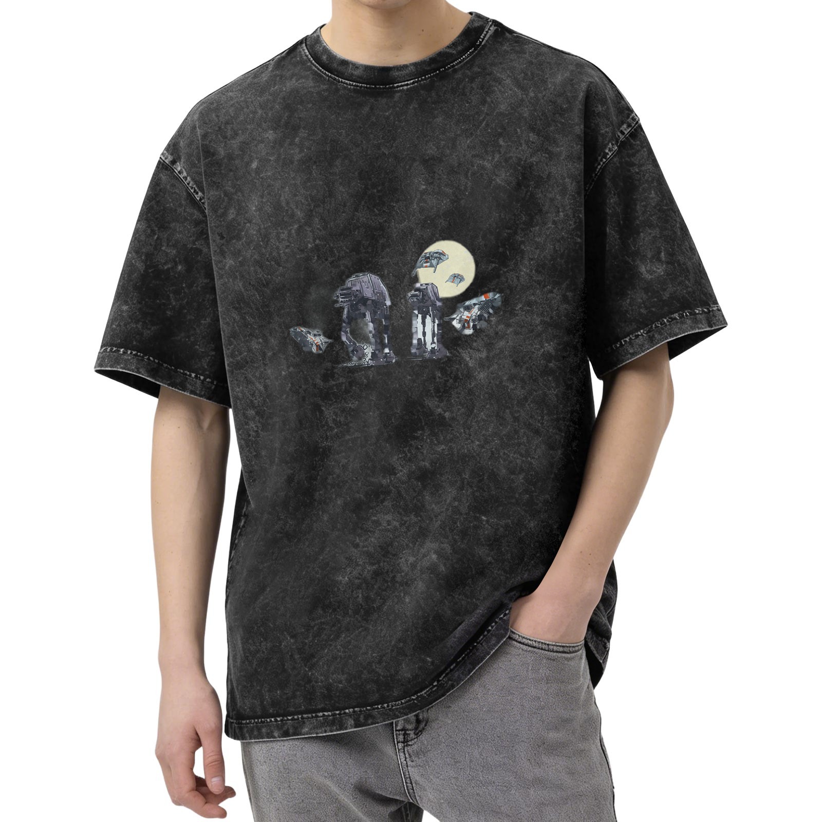 Washed black graphic t-shirt with Star Wars AT-AT and space ships design
