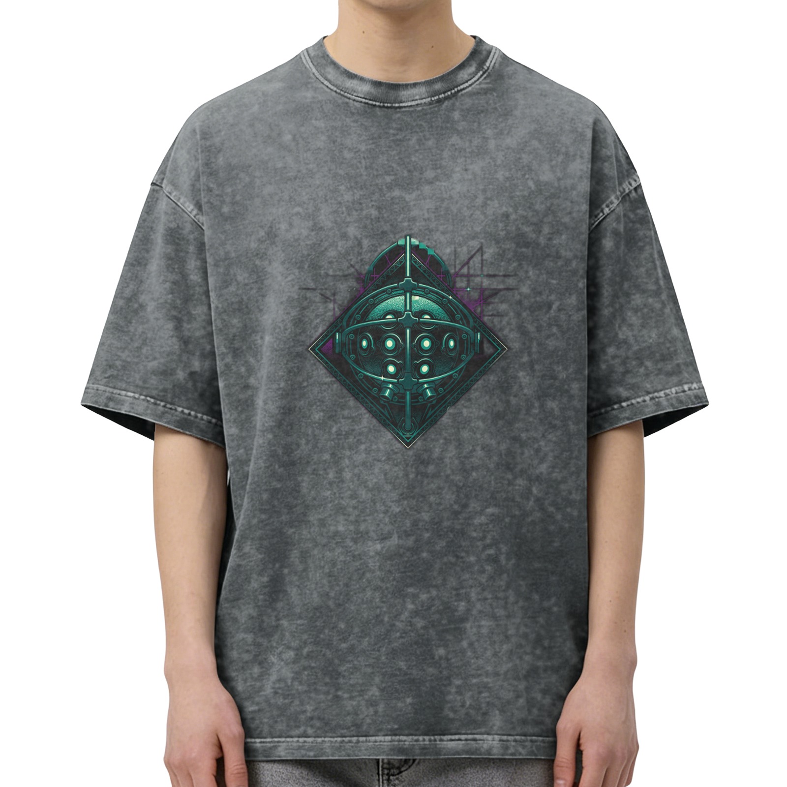 Washed Black T-Shirt With Glowing Teal Mechanical Emblem Print