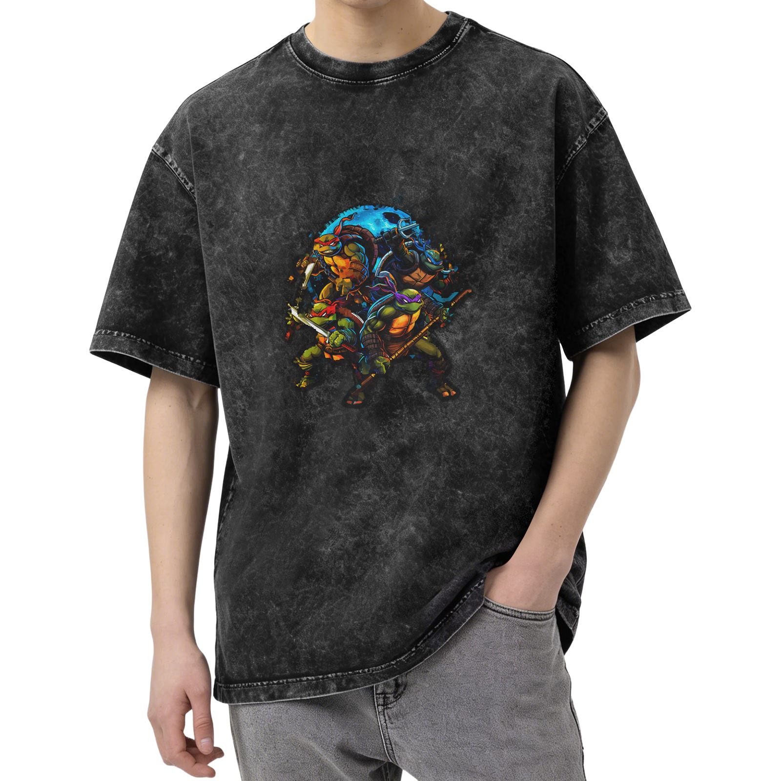 Oversized Dark Wash T-Shirt with Teenage Mutant Ninja Turtles Graphic