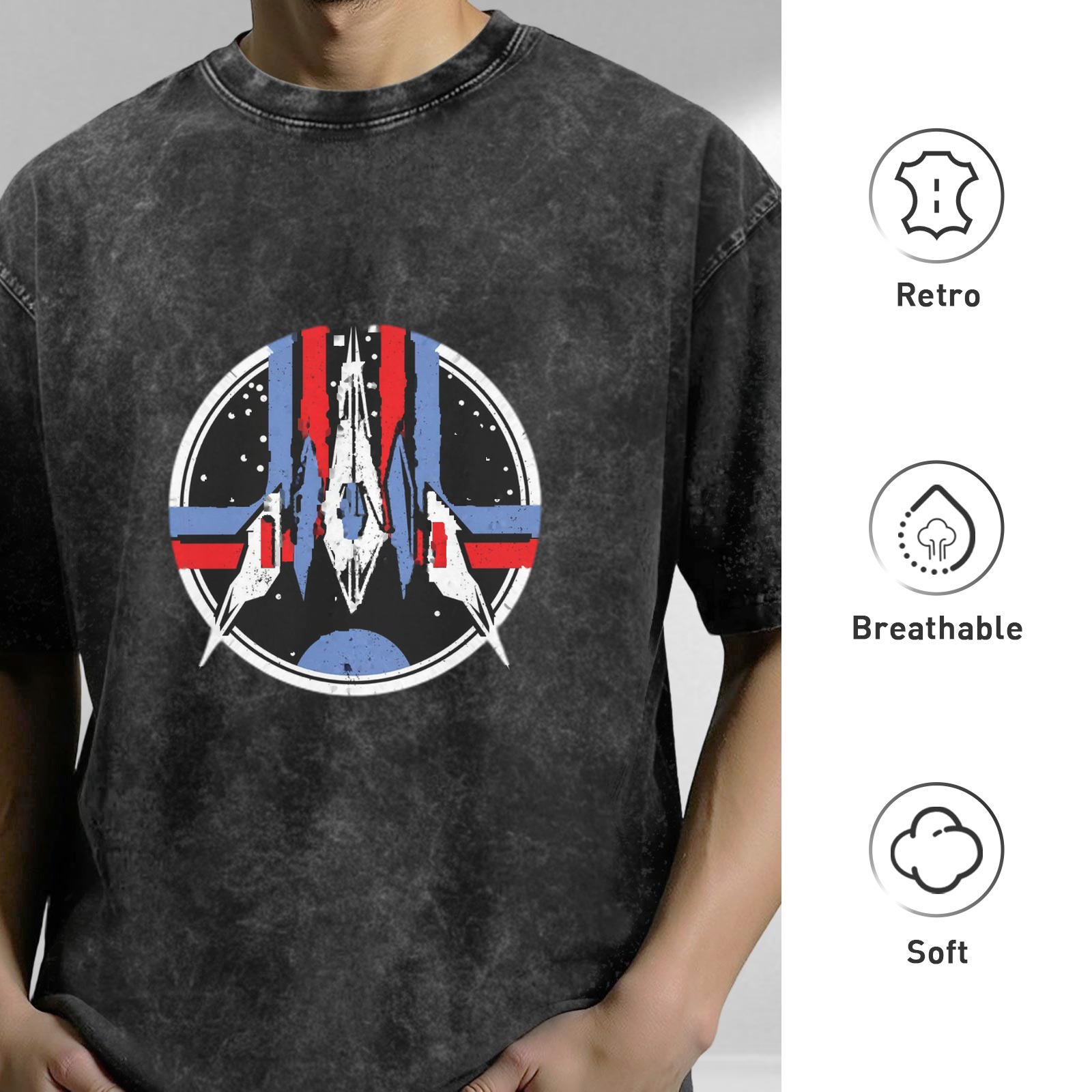 Oversized Stone-Washed Black Graphic T-Shirt with Sci-Fi Space Emblem Print