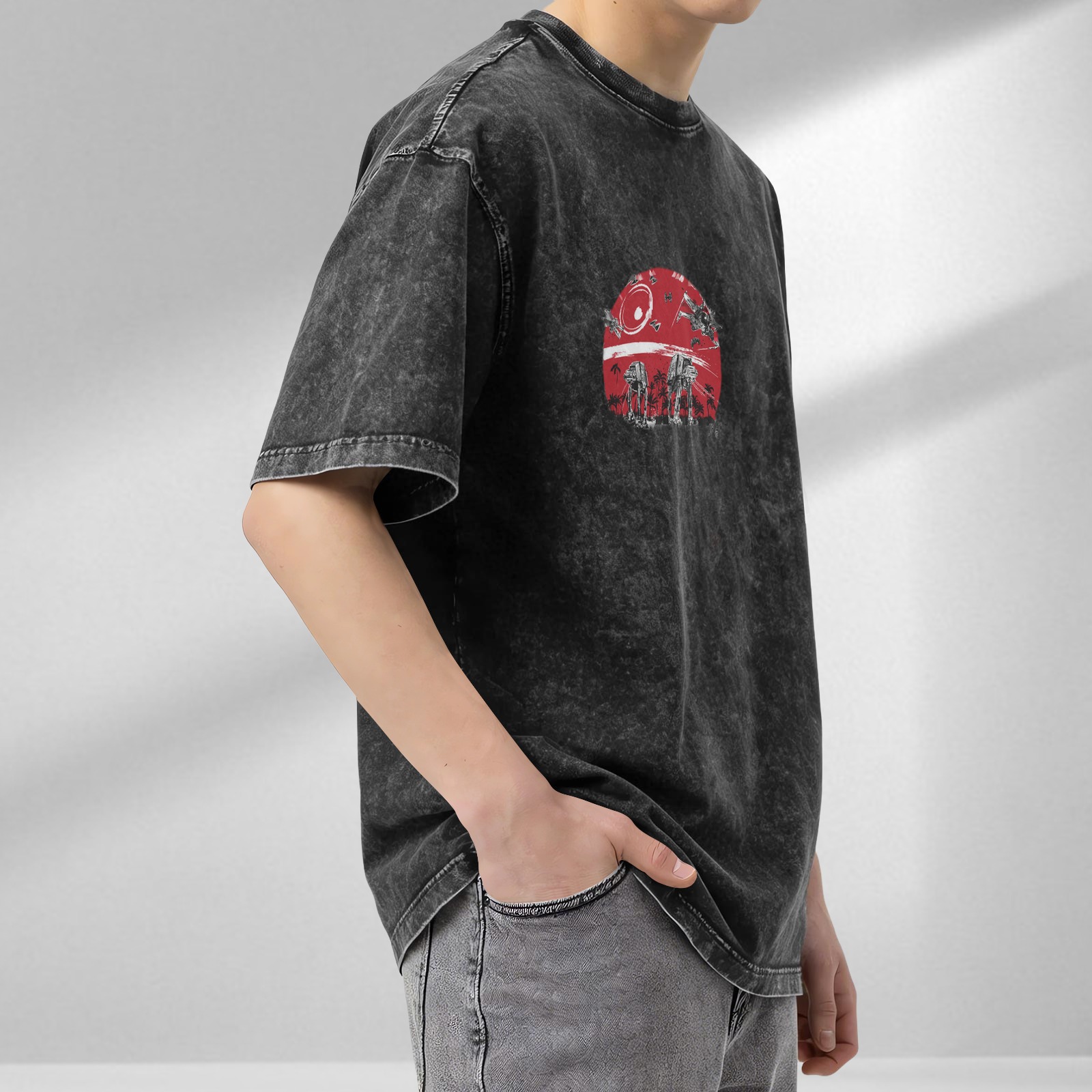 Washed Black Star Wars Graphic T-Shirt with Red Battle Scene Print