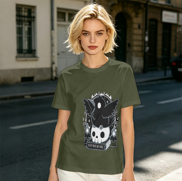 Olive Graphic T-Shirt With Raven Skull Nevermore Print