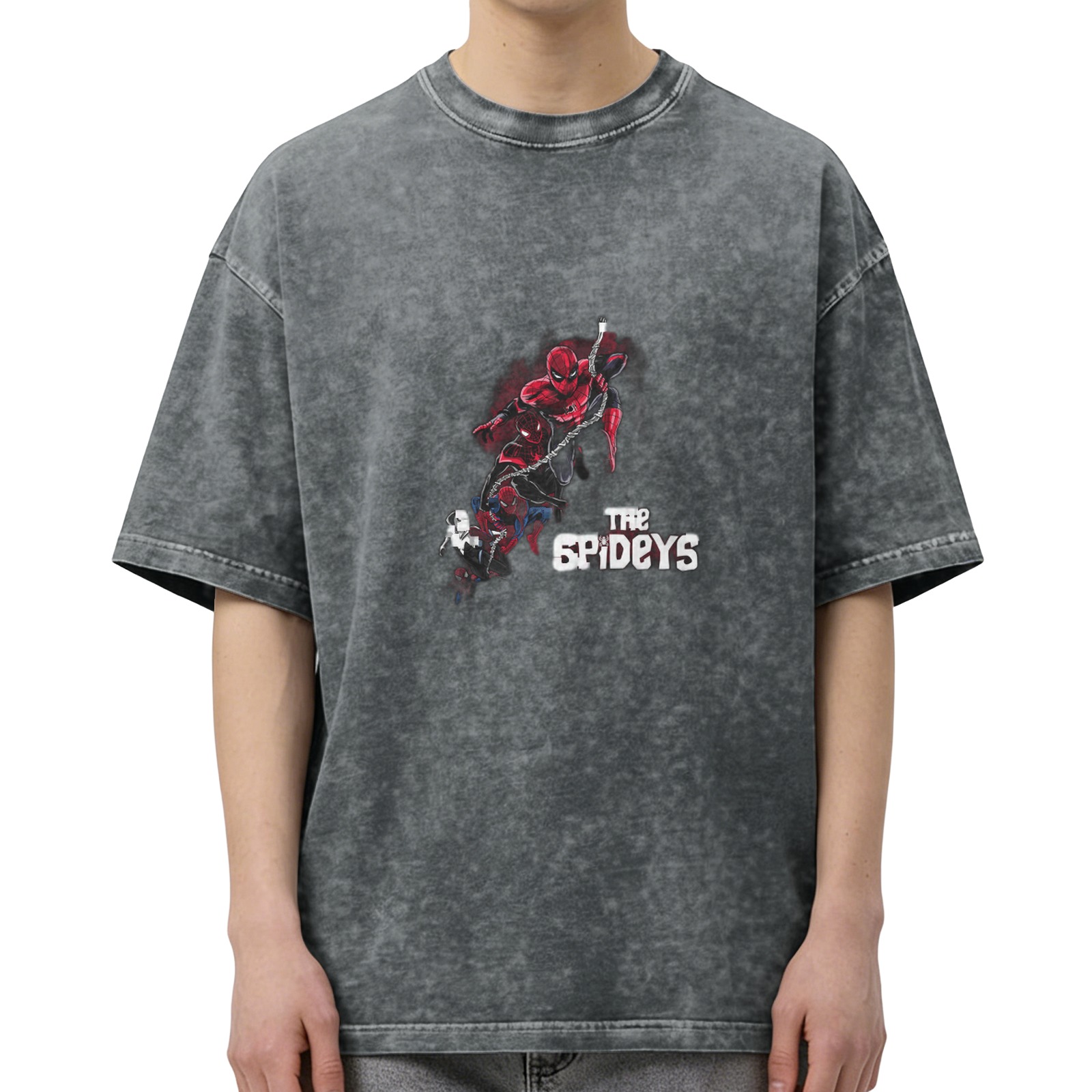 Washed and distressed black Spider-Man themed short-sleeved T-shirt Loose casual crew neck top
