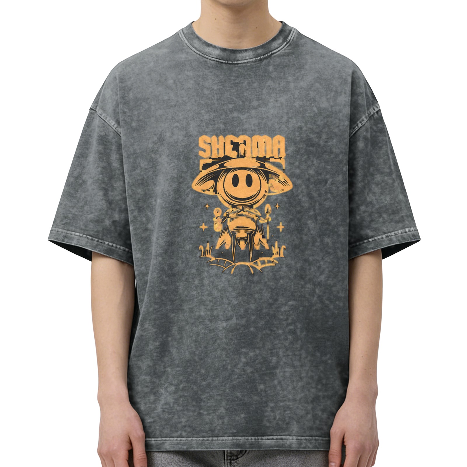 Oversized Acid Wash T-Shirt with UFO Alien Graphic Print
