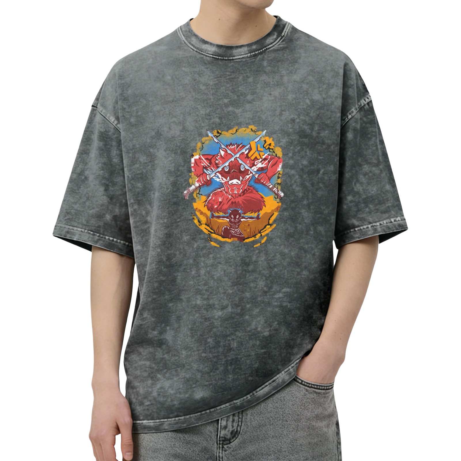 Oversized Acid Wash T-Shirt With Anime Demon Slayer Graphic Print