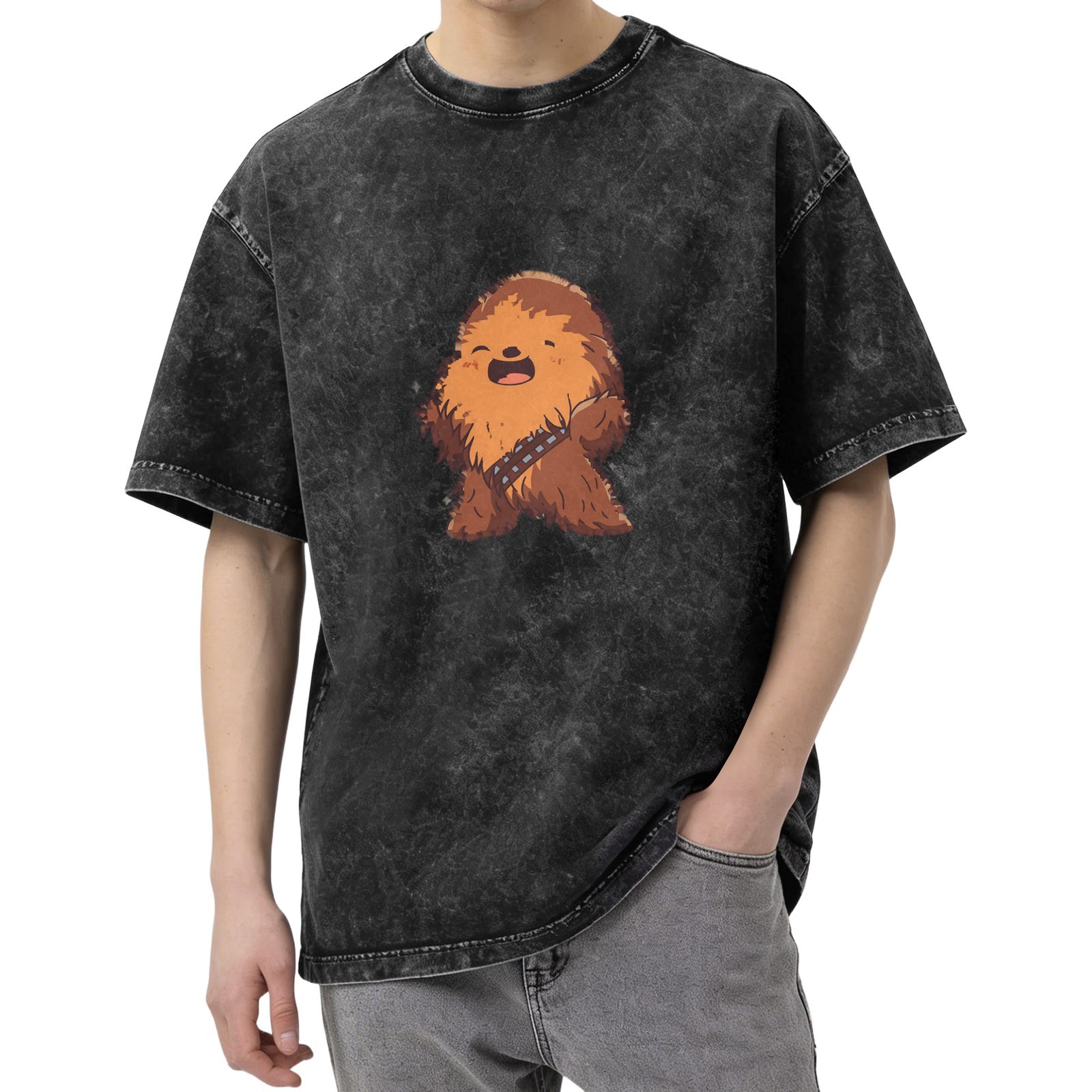Chibi Chewbacca Print Acid Wash Black Oversized T-Shirt