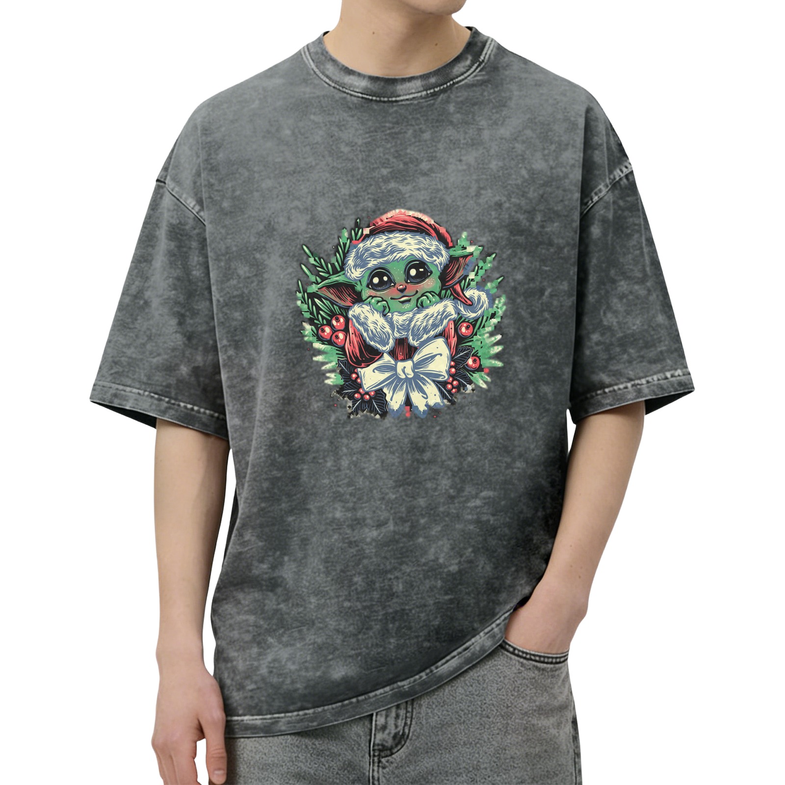 Washed Black T-Shirt With Christmas Baby Alien Graphic