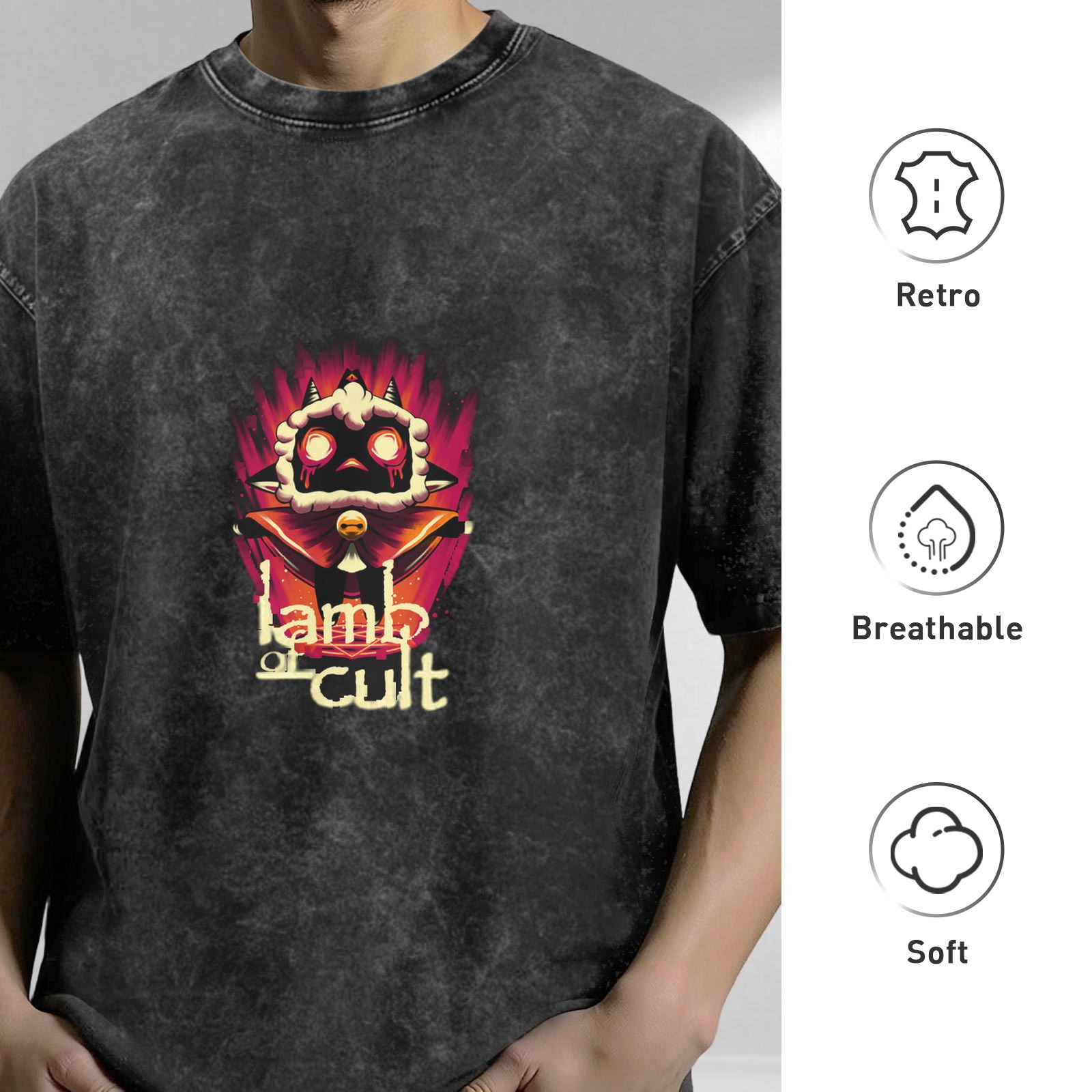 Washed Black Graphic T-Shirt With Lamb Of Cult Artwork