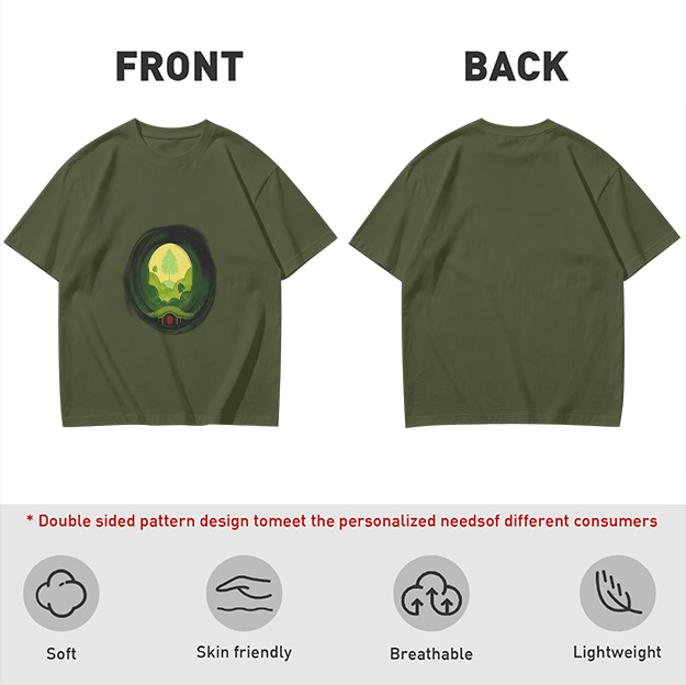 Olive Green T-Shirt with Hobbit Hole Landscape Art Print