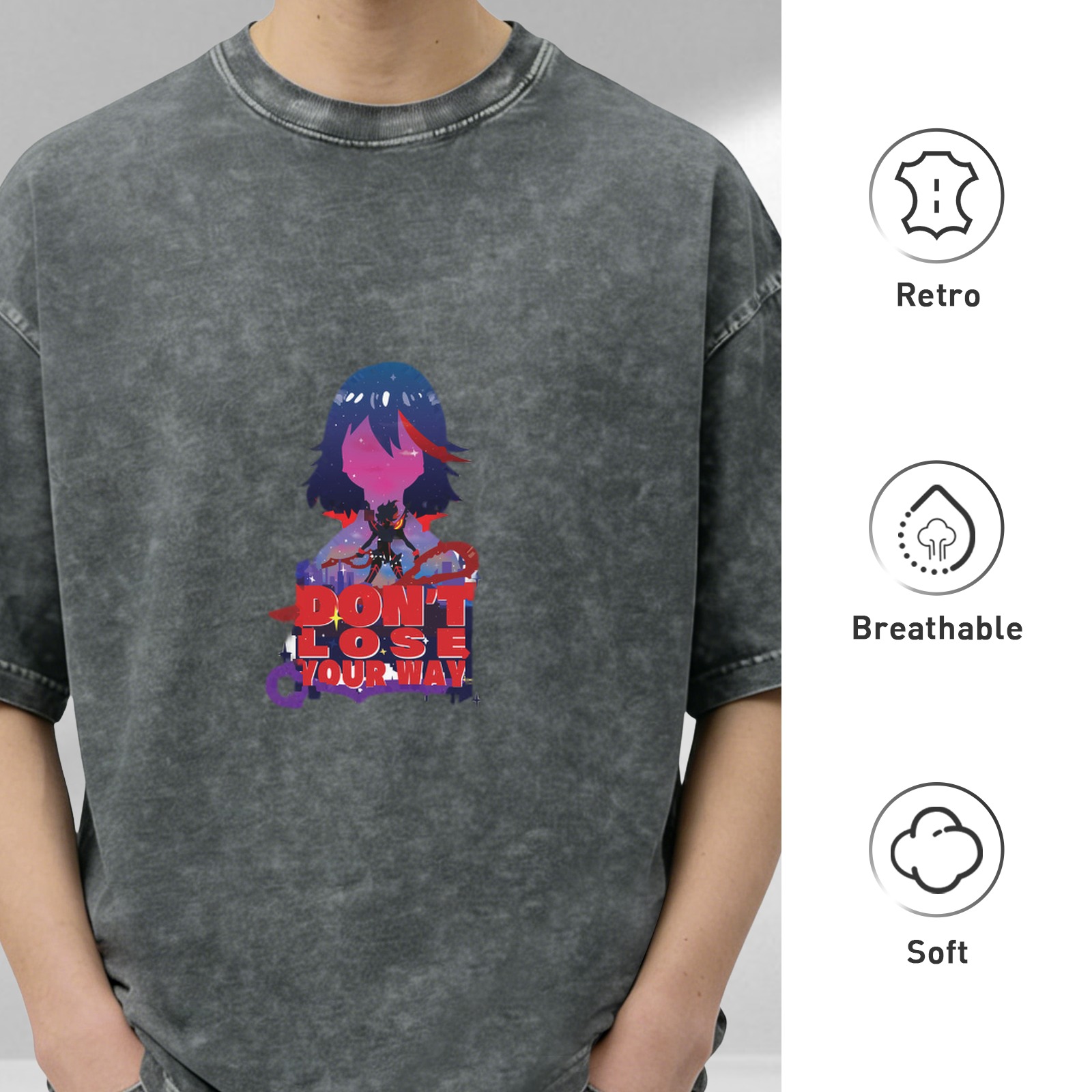 Washed black anime graphic t-shirt with don't lose your way text