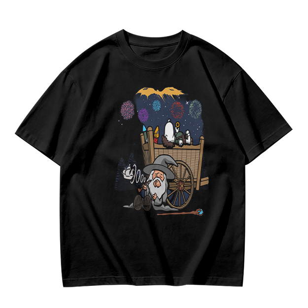 Olive T-Shirt with Wizard and Fireworks Cart Graphic