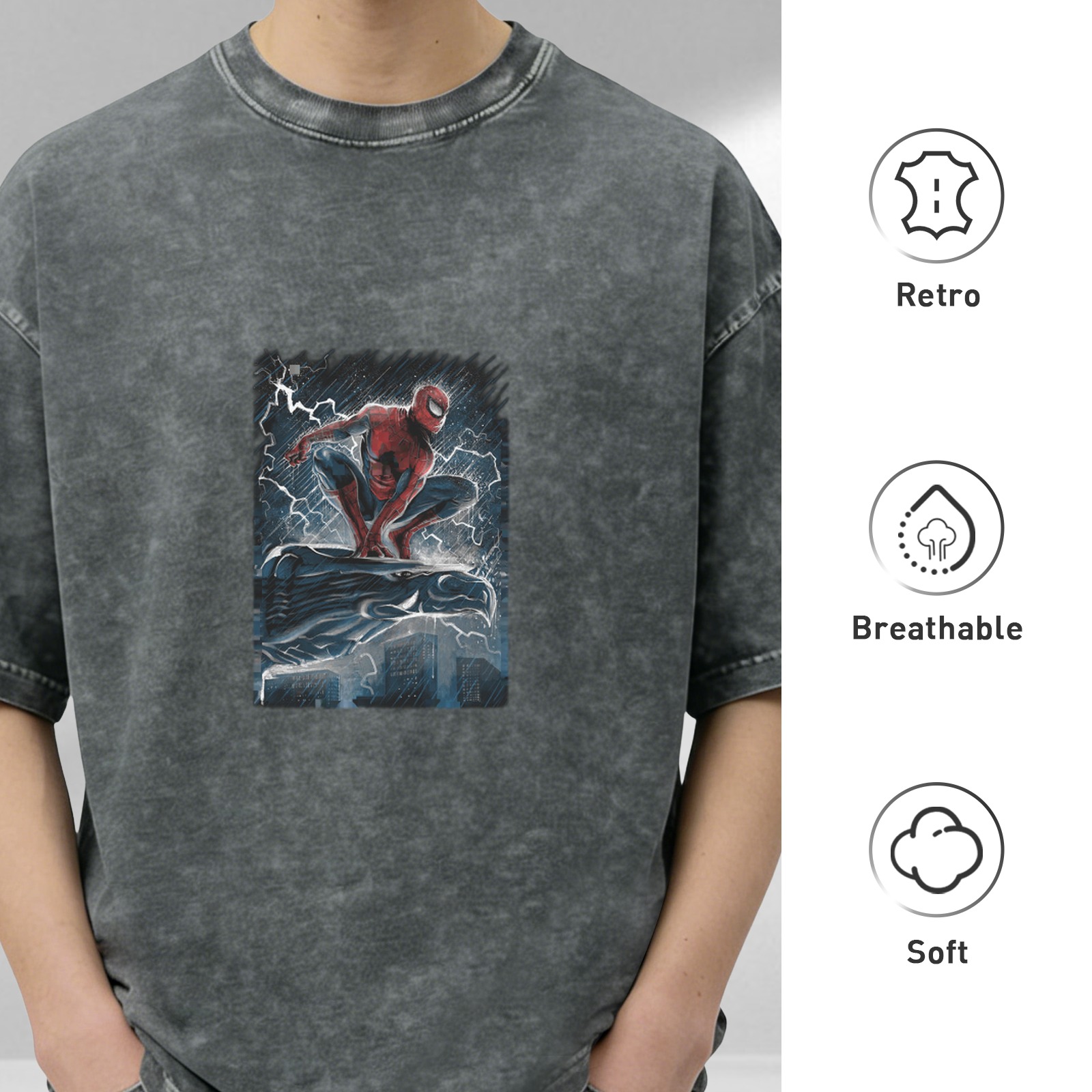 Washed Black Oversized T-Shirt with Spider-Man Storm Graphic