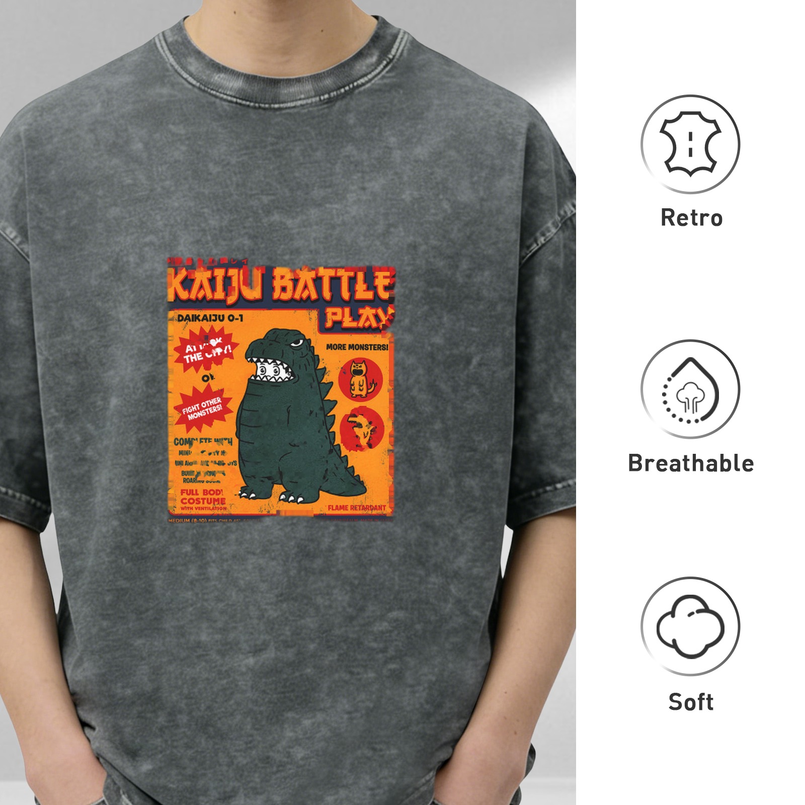 Kaiju Battle Play Graphic Oversized Acid Wash T-Shirt