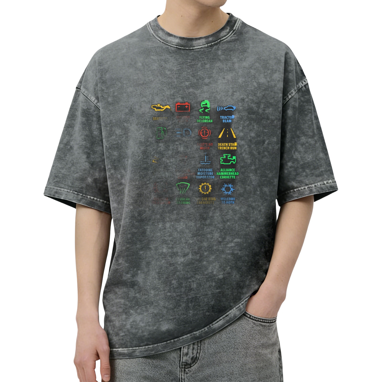 Star Wars Car Dashboard Warning Icons Graphic Acid Wash T-Shirt