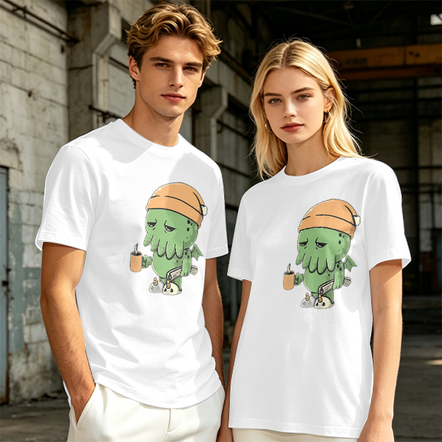 Olive T-Shirt With Sleepy Cthulhu Holding Coffee And Phone