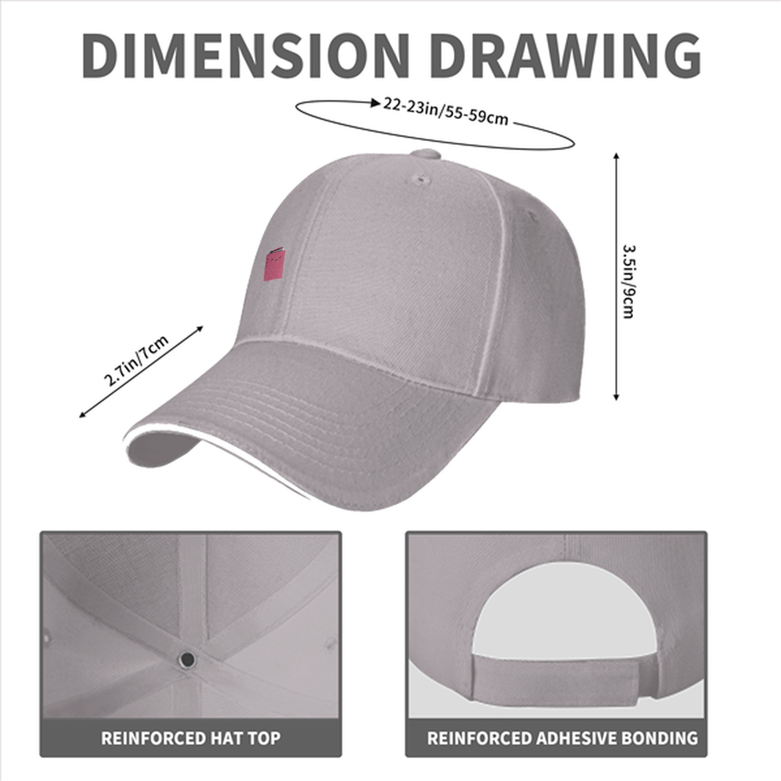 Black Baseball Cap With Small Pink Square Smiley Graphic