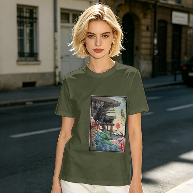 Olive T-Shirt with Ukiyo-e Style Samurai Warrior Print