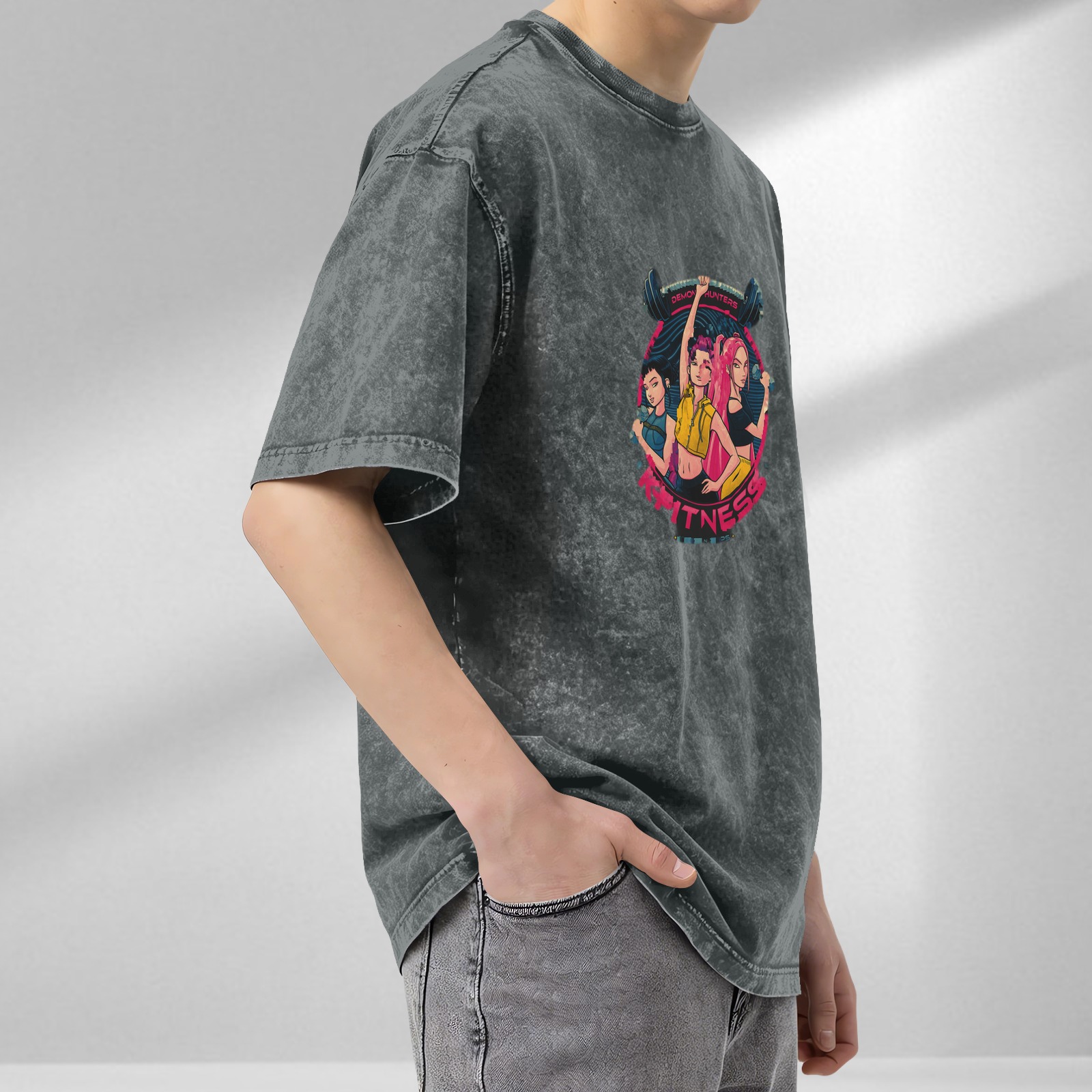 Washed Black Graphic T-Shirt with Anime Demon Hunters Fitness Design