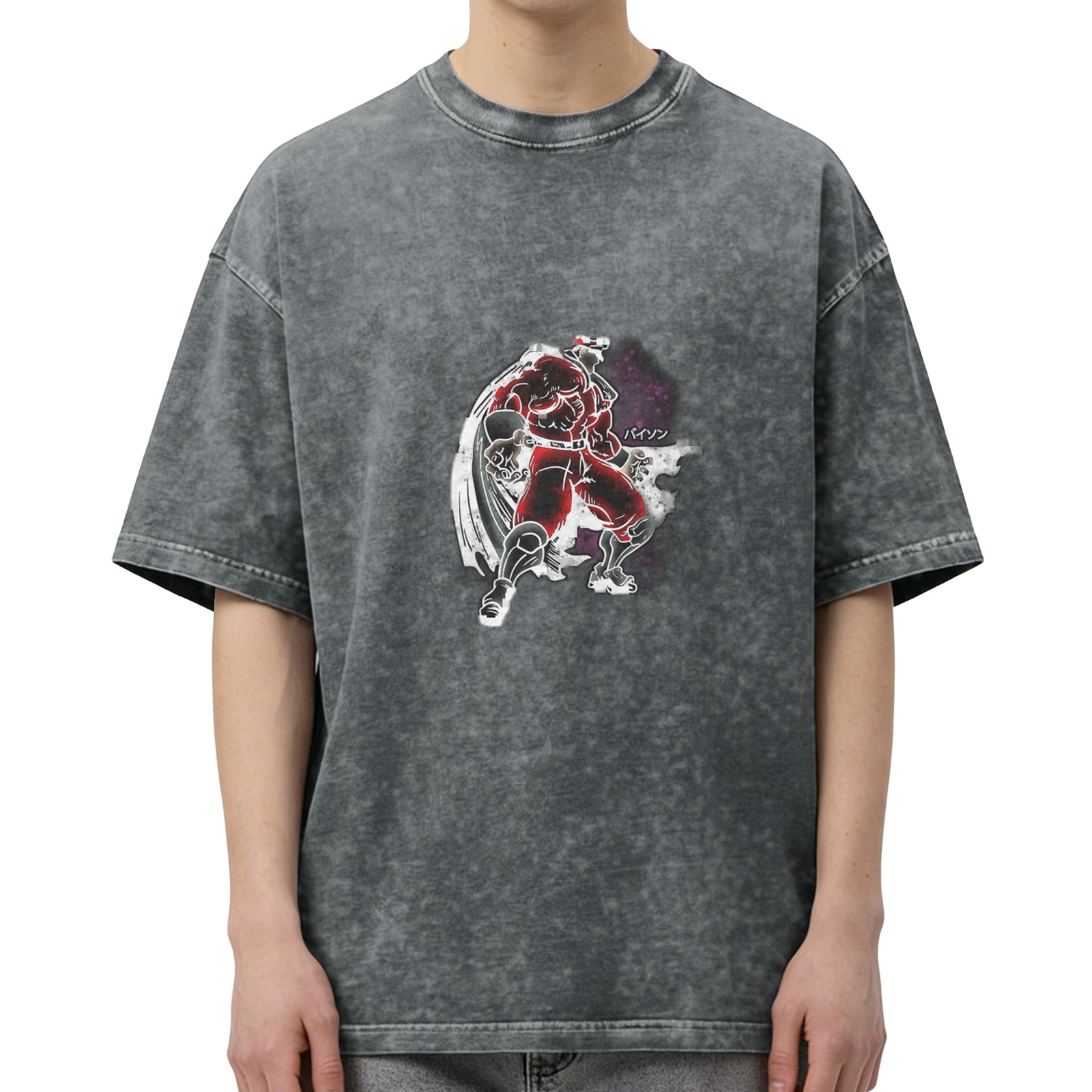Oversized dark washed graphic t-shirt with anime villain print
