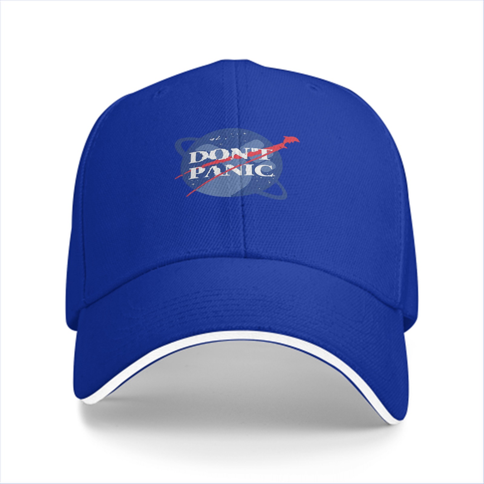 Black baseball cap with Don't Panic NASA-style space graphic