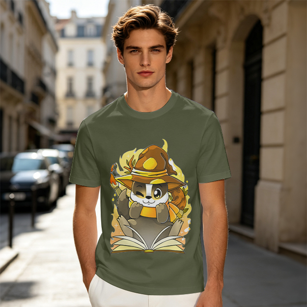 Olive T-Shirt With Cute Wizard Squirrel Reading Spell Book Art