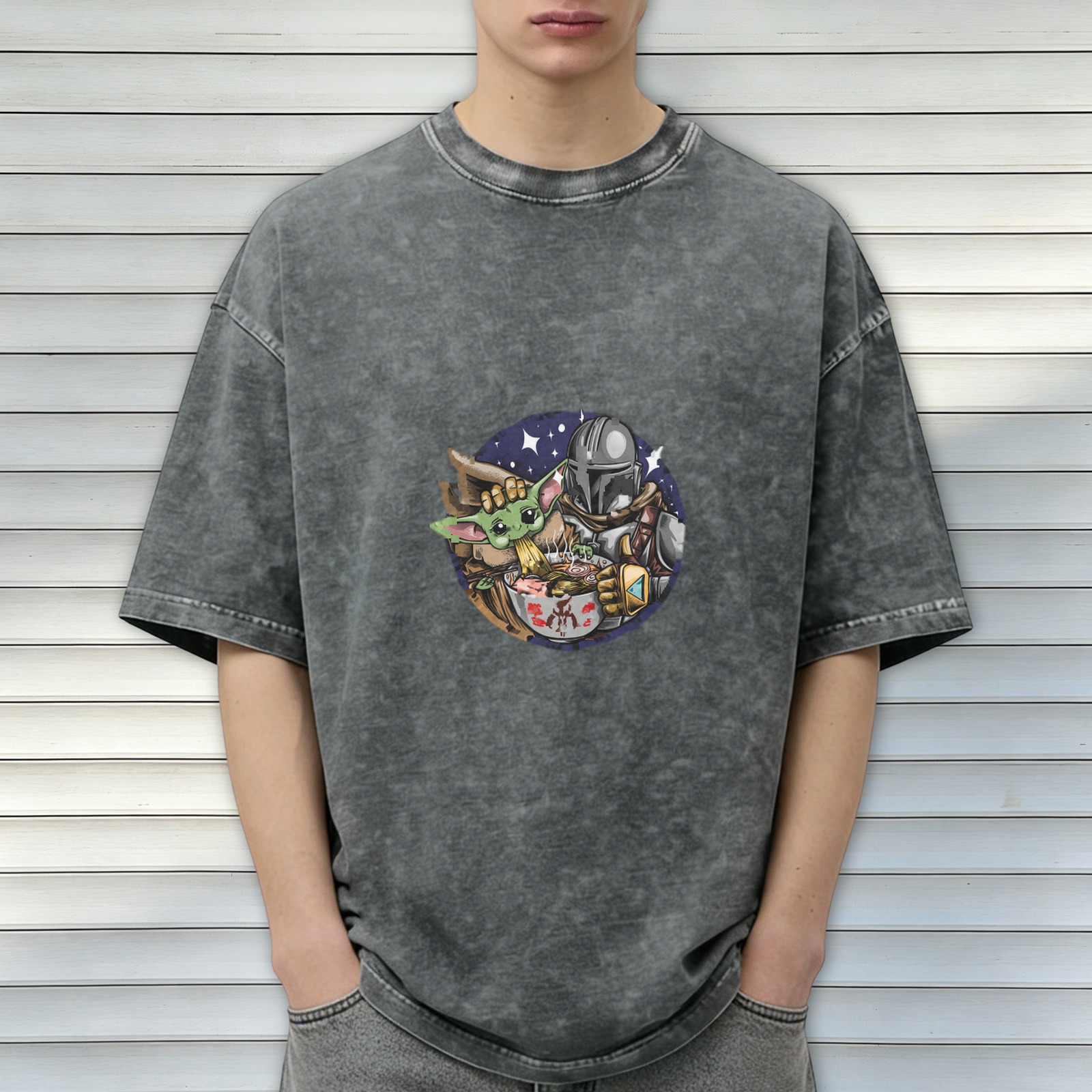 Star Wars Themed Washed Cotton T-Shirt With Grogu and Mandalorian Graphic