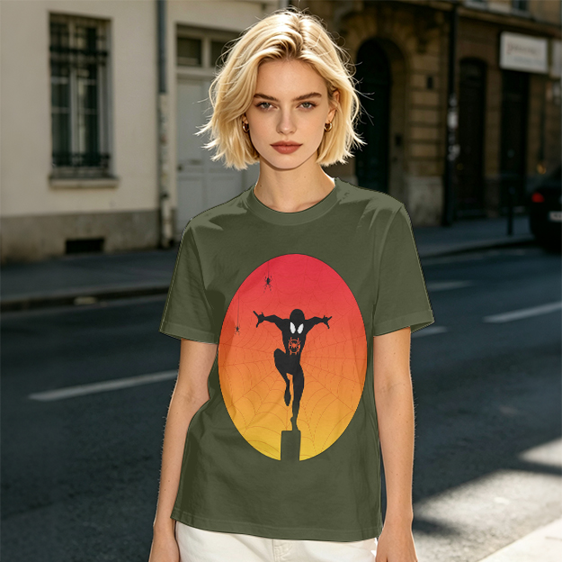 Olive T-Shirt with Spider-Man Silhouette Sunset Graphic