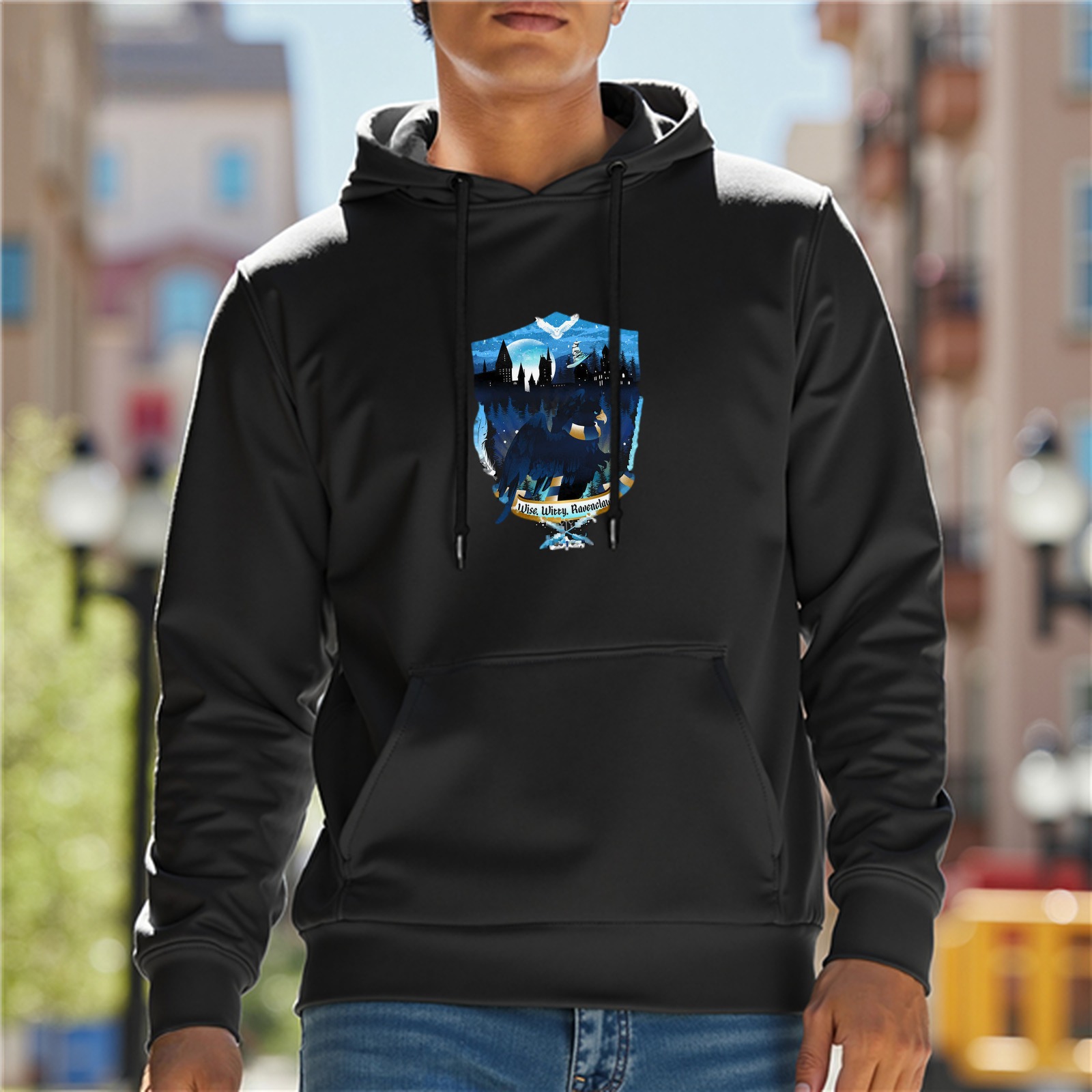 Black Hoodie With Night Forest Crest Graphic Print