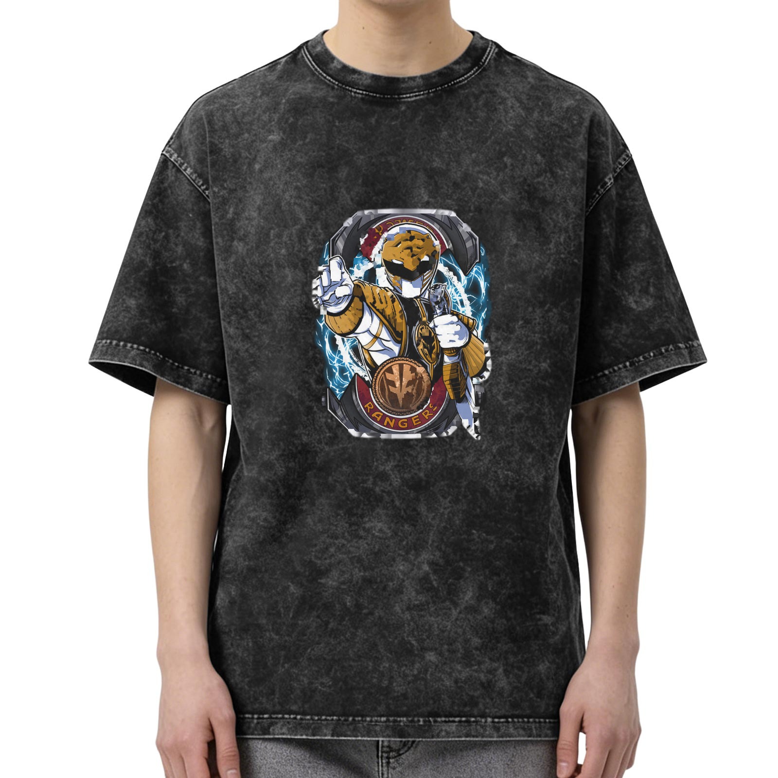 Oversized Stonewashed T-Shirt with White Power Ranger Graphic