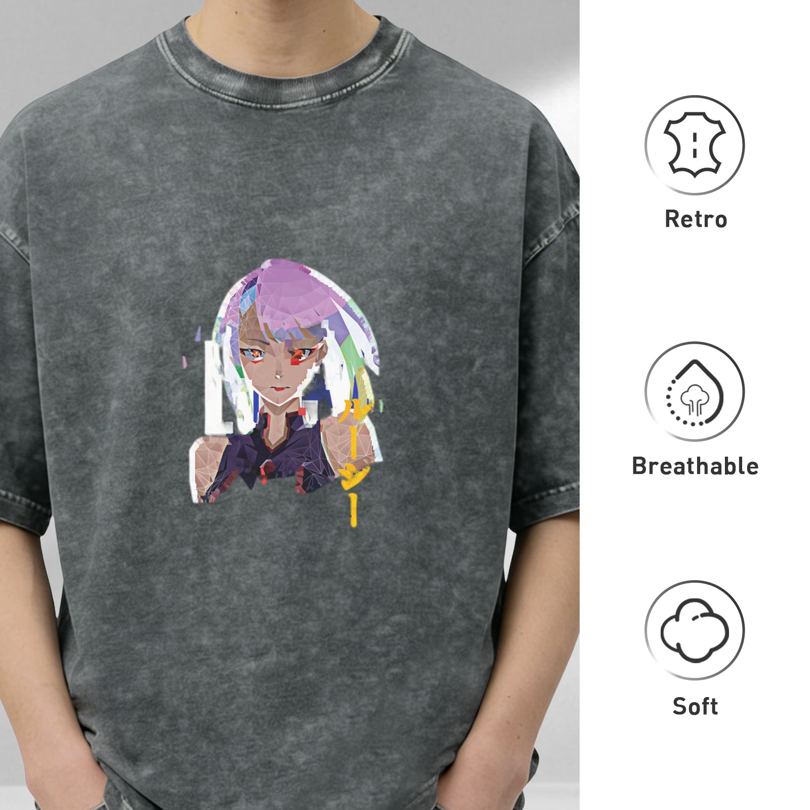Cyberpunk Anime Character Graphic Oversized Washed Black T-Shirt