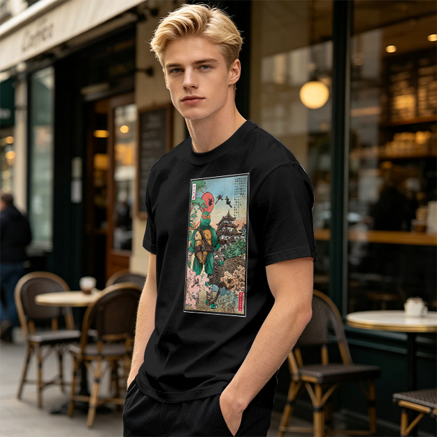 Olive T-Shirt with Ninja Turtle Ukiyo-e Style Print