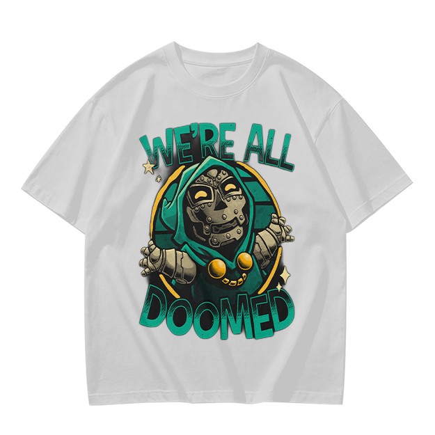 Olive T-Shirt Featuring 'We're All Doomed' Doom Character Art